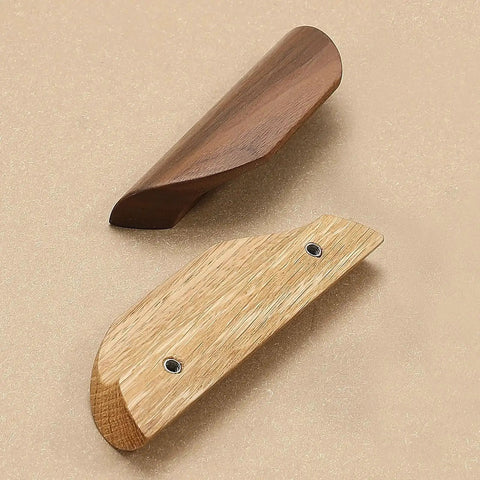 Oak Wood Oblique Angle 4.41 Inch Windbreaker Cabinet Door Handle In Antique Long Walnut Finish, top and bottom view
