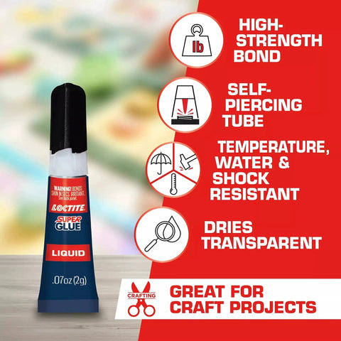 Close-up of Clear Quick Dry Super Glue For Plastic Wood Metal 2 Pack Precise Piercing Tube with features highlighted on packaging