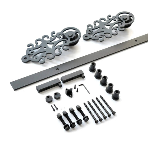 Ornate Cut Roller Black Iron Sliding Barn Hardware Kit For Single Door Hardware Only, Door Not Included 5 Foot Track With Wall Mount Supports