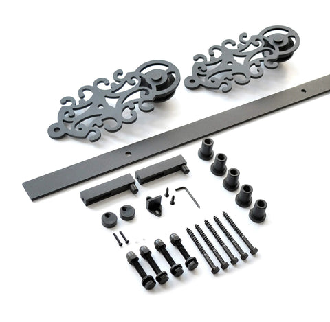 Ornate Black Iron Sliding Barn Door Hardware Kit for Single Door with 5.5 Foot Track, heavy duty parts, includes rollers and stoppers.