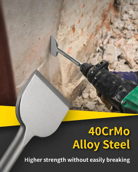 Alloy Steel 4 Piece SDS Plus Chisel Set For Demolition And Tile Removal Includes Point 10 Inch Flat 0.8 Inch Wide 10 Inch Scaling 1.6 Inch Wide 10 Inch Tile 3 Inch Wide 10 Inch Firecore Compatible For Rotary Hammer Drills used on wall.