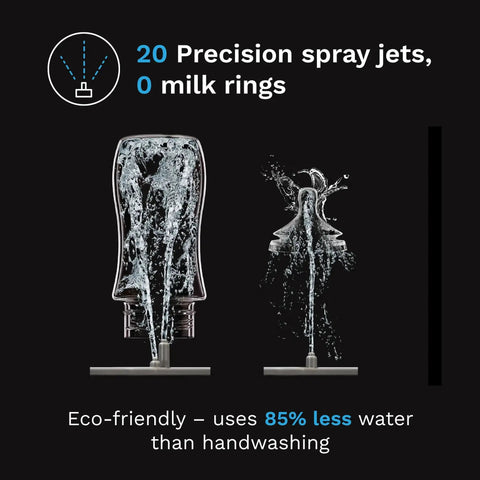 Baby Brezza Bottle Washer Pro graphic on black background; two bottles with water spray, 20 spray jets, eco-friendly use.