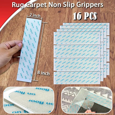 No Slip Rug Grippers Kit With 16 Large Double Sided Carpet Tape Strips, 8 inch by 2 inch, reusable and easy to remove