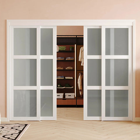 Three Lite Frosted Glass Bypass Sliding Closet Door Set With Track Kit And Floor Guide For 120 Inch Opening Double Panel Ready To Assemble Space Saving Sleek Modern Vibe For Bedroom Closets