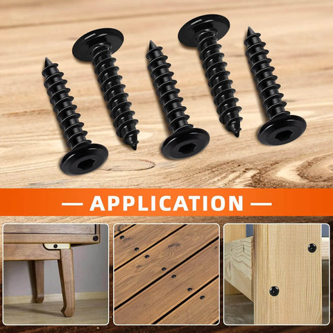 Beefy M4 X 10mm Flat Head Socket Cap Self Tapping Screws In 304 Stainless Steel With Black Finish, shown with application examples