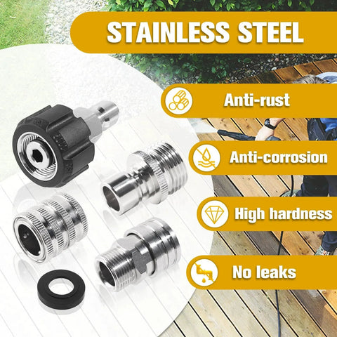 Universal Stainless Steel Pressure Washer Quick Connect Adapter Kit With M22 To Fourteen Millimeter And Fifteen Millimeter Swivel Heads