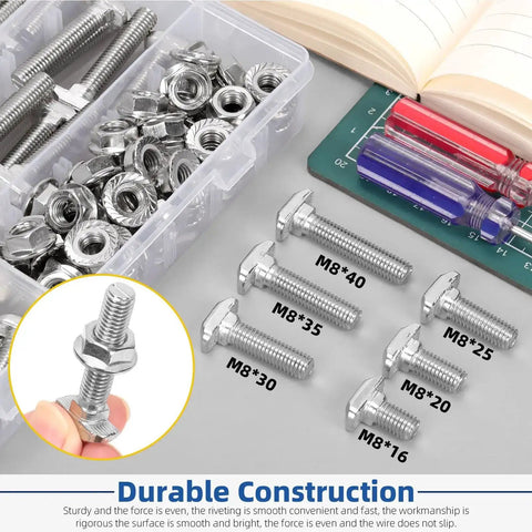 120 Pcs M8 T Slot Drop In Bolts With Hex Flange Nuts Hammer Head T Bolts In 16 20 25 30 35 40 Millimeter T Shape Stud Sliding Screws All In One Kit For Heavy Duty Aluminum Extrusion Projects, showing various bolt sizes next to an organizer case with nuts and bolts visible.