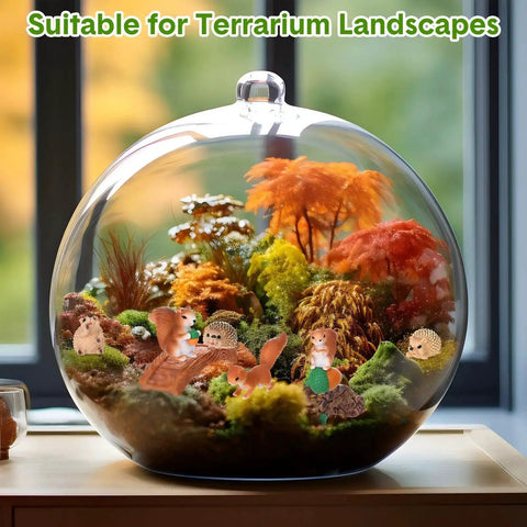 Terrarium with Totally Adorable Miniature Squirrel Garden Accessories Set With 19 Pieces Resin Squirrels and foliage