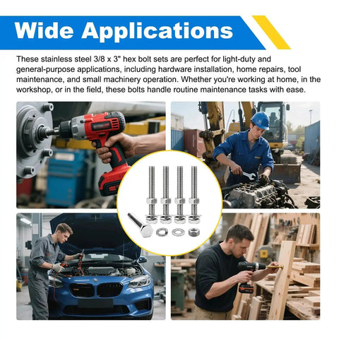 Heavy Duty 3/8-16 Hex Bolt Set Kit Five 3 Inch Stainless Steel 304 Right Hand Bolts With Nuts Flat Washers And Spring Lock Washers For DIY Fixes And Home Projects displayed with various applications in automotive and construction settings.