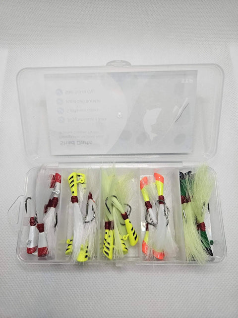 Shad Darts Fishing Lures Kit 25 Pack With One Eighth Oz Jig Heads And Bucktail Assorted 5 Colors in clear box