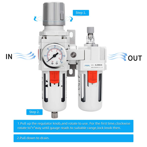 Nanpu 3/8 in NPT air filter regulator lubricator combo with gauge, poly bowls, semi-auto drain, two-unit