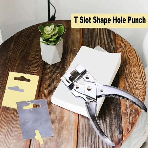Heavy Duty T Slot Hole Punch Handheld Cutter for crafting on a wooden table with sample tags and cards, zinc alloy material
