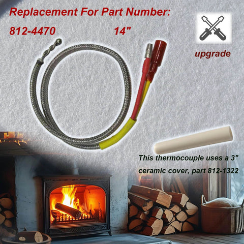 Replacement 14-inch thermocouple with braided metal sheath and red/yellow leads for Quadrafire fireplaces; ceramic cover.
