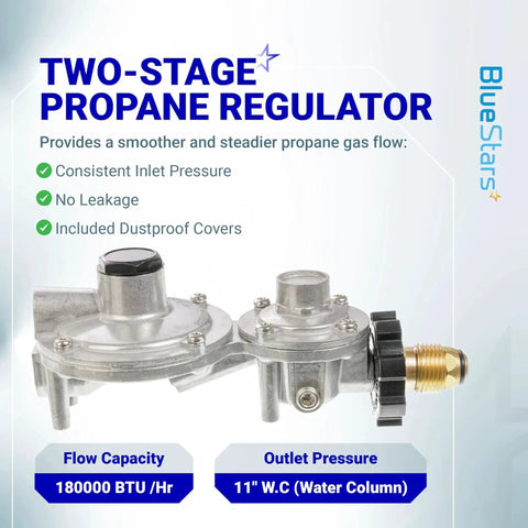 Two Stage Propane Regulator With POL Connection For RVs And Campers, Three Eighths Inch Female Flare, 180000 BTU, 11 in W.C.