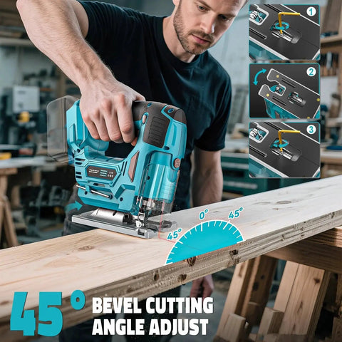 Man using Cordless Jigsaw With Laser Guide For Makita 18V Battery, Cerycose Compatible Jig Saw With 800W Motor And 3000 RPM, 45 Degree Bevel, LED Light, 3 Orbital Settings, 6 Blades, No Battery on wood