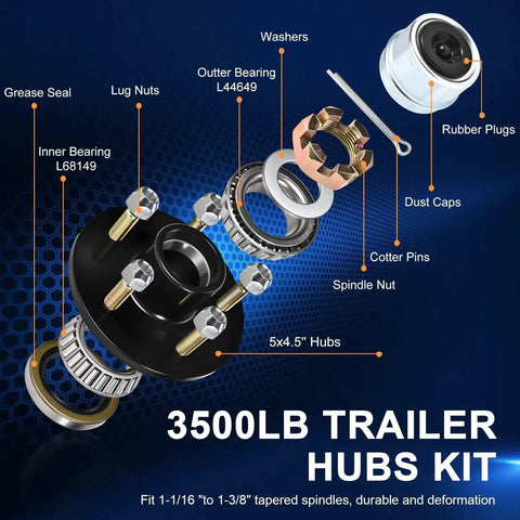 Heavy Duty Trailer Hub Kit For 3500 Pound Axles With 5 On 4.5 Inch Bolt Pattern, showing bearings, lug nuts, and sleeves.