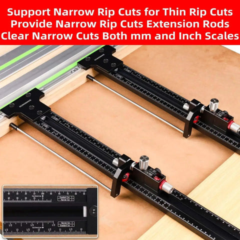Parallel Guide System for Track Saw with Micro Adjustable Flip Stop, visible with narrow rip cut settings, compatible with Festool, Makita, Milwaukee rails.