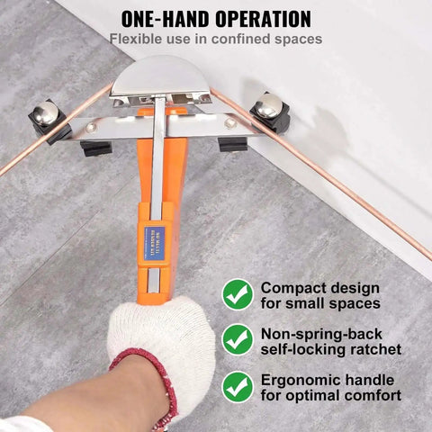 Ratcheting Pipe Bender Kit With 7 Dies And Cutter For 1 Quarter To 7 Eighths Inch Tubes in use, demonstrating compact design.