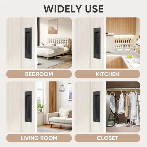 8-Inch Recessed Door Pull Pocket Handle Matte Black For Sliding Barn Doors Closets And Bifold Doors Durable Carbon Steel Finish Not A Flush Handle Requires Grooved Door Installation shown in various room settings.