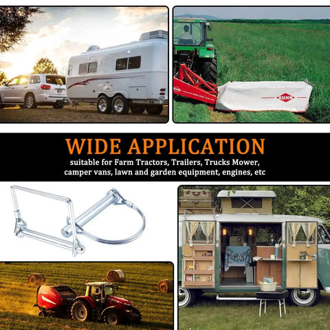 200 Piece Heavy Duty Pin Assortment Kit For Trailers, Tractors, Trucks, Mowers And Farm Equipment showing applications on vehicles