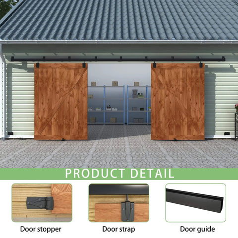 Installed 16 Ft Black Box Rail Exterior Barn Door Hardware Track Kit For Two Doors Built Tough With 500 Lb Weight Capacity