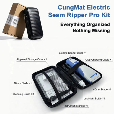 Electric Seam Ripper Pro Kit with Storage Case and USB Charging visible with components in open case.