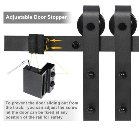 6.6 Foot Single Barn Door Hardware Kit For 36 To 40 Inch Doors with adjustable door stopper and rollers, black steel