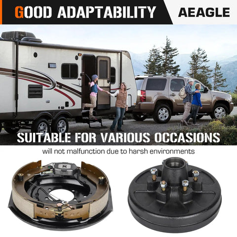 Aeagle 6 5.5-inch bolt-circle drum brake kit with 12x2 self-adjusting electric brakes for 5200-lb trailer axles; two assemblies shown