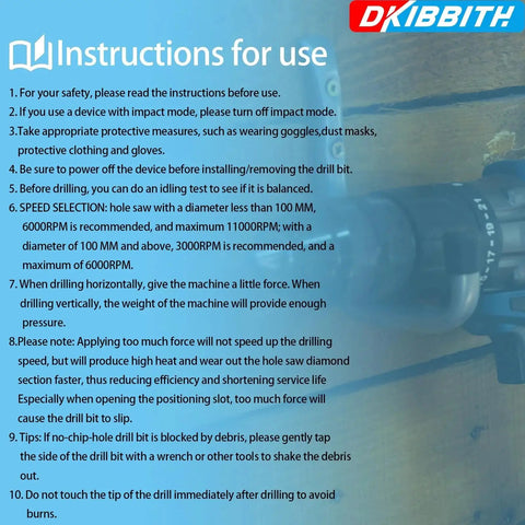 Instructions for use of Dry Diamond Drill Bit Set for Tile and Stone with Wax Lubrication, including safety guidelines.