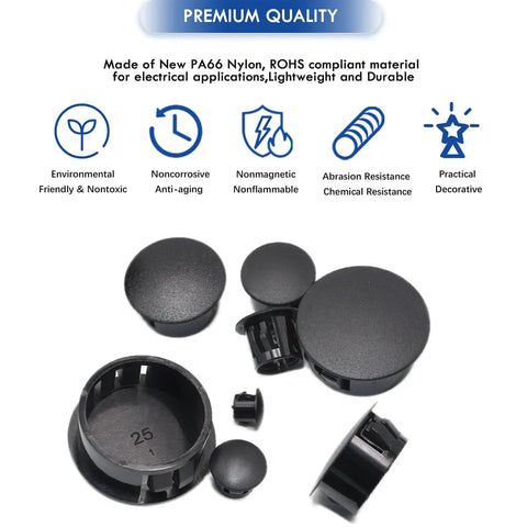 250 Piece Nylon Hole Plugs Set In 8 Sizes 1/4 To 1 Inch Black Flush Panel Knockout Locking Plugs with premium quality detail