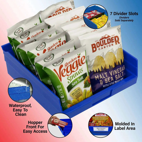 Image of a blue storage bin holding snack bags, demonstrating the 7 divider slots feature. Waterproof and easy to clean design.