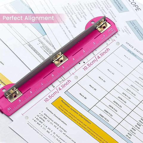 3 Hole Punch For Ring Binders With Built In Ruler, Handy Portable Paper Puncher, 5 Sheets Capacity shown in deep pink on documents