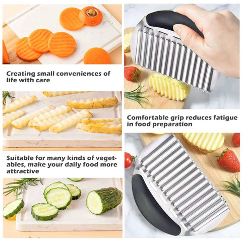 Large Crinkle Cutter For French Fries And Veggies, Stainless Steel Wavy Slicer With Handle shown slicing vegetables with crinkle cuts.