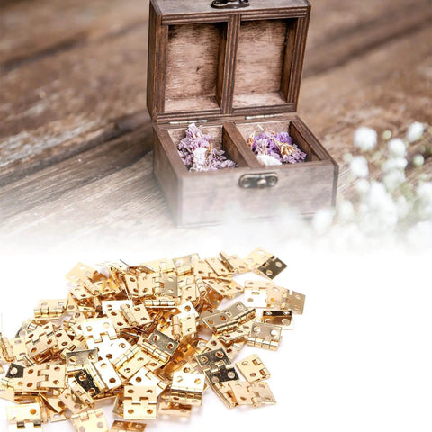 Brass Mini Hinge Set 100 Pieces With 400 Screws for jewelry boxes and miniature furniture, visible with open wooden box.