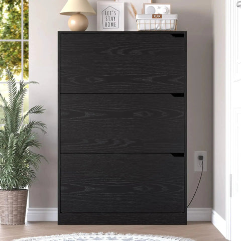 Black Slim 3-Flip Shoe Storage Cabinet With Odor Control Deodorizer, Back Panels For Stability, Freestanding Entryway Organizer