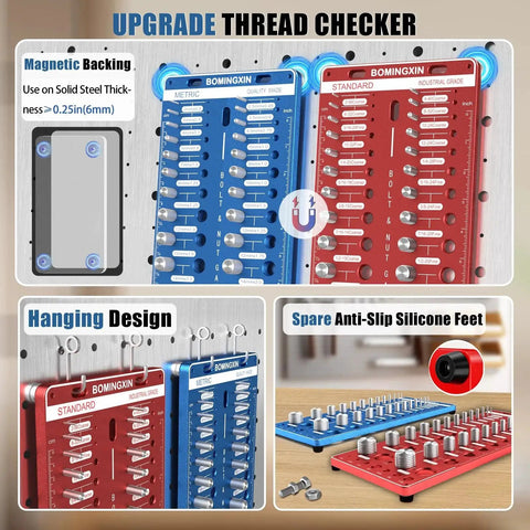 Nut and Bolt Thread Checker With Magnetic Base and Anti Slip Feet, featuring metric and standard gauges, displayed hanging and on a table.