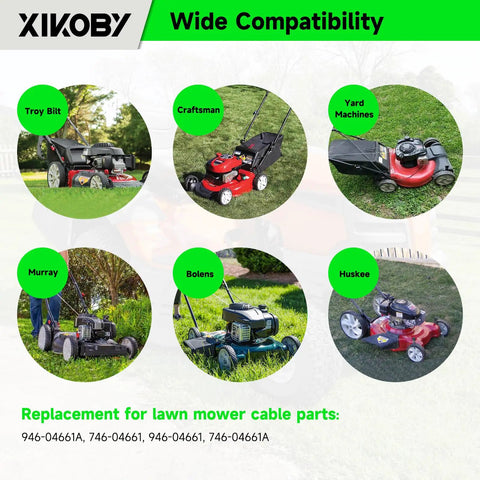 XIKOBY throttle cable replacement for 21-inch lawn mowers; wide compatibility across six brands.