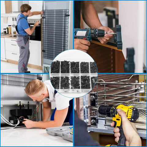 Collage showing Eight Sizes M2 Pan Head Phillips Machine Screws Set 4mm To 20mm Black Carbon Steel Fasteners Kit in use