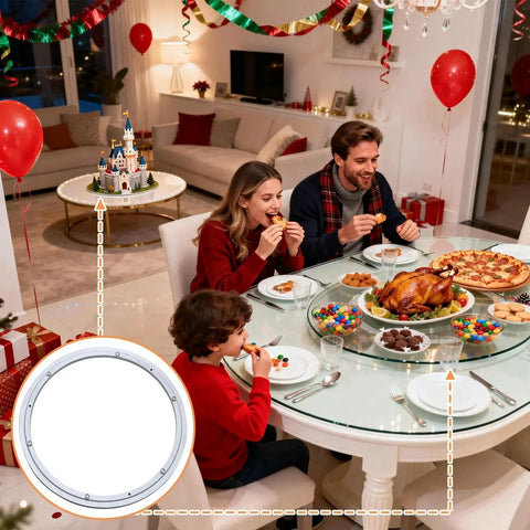 Family dining with Heavy Duty 12 Inch Lazy Susan Bearing Kit With Metal Turntable Ring 300mm for easy food access on table.