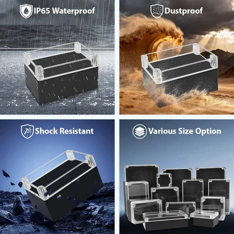 Weatherproof Electrical Junction Box With Clear Cover IP65, shown in various rugged environments and multiple size options.