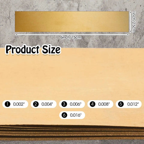 Brass Shim Set 6x1 Inch 24 Pcs Thicknesses 0.002 0.004 0.006 0.008 0.012 0.016, showing dimensions and thickness chart
