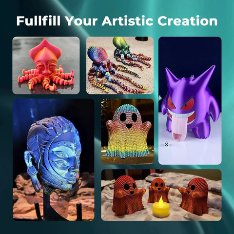 3D printed models using Silk Dual Color PLA Filament Bundle 4x200g 1.75mm for 3D printers, featuring colorful figures.
