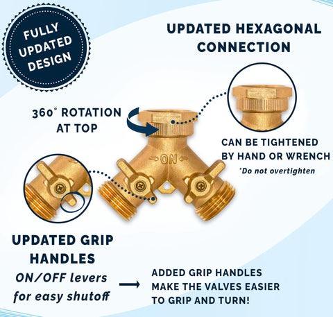 Brass Morvat lead-free 2-Way Y garden hose splitter with 360° rotatable top and easy-grip ON/OFF valves