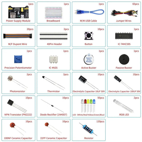 All In One Tinker Ready Starter Electronics Kit With Power Supply Module Breadboard 300 Plus Components Jumpers LEDs Resistors And More For Fun DIY Projects Safely Packed In A Sturdy Box components overview