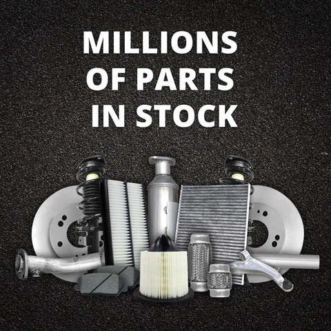 Assorted automotive parts including filters, brake discs, and shocks with 'Millions of Parts in Stock' text on top.
