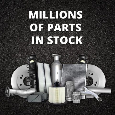 Various automotive parts including filters, brake discs, and suspension components with text "Millions of Parts in Stock".