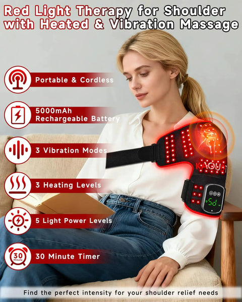 Cordless Red Light Therapy Shoulder Wrap With Vibration Massage And Heated Pad 5000mAh Rechargeable Massager in use