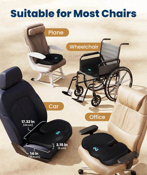 Doctor Recommended Memory Foam Seat Cushion For Office Chairs And Cars, Ergonomic Tailbone Pain Relief, Sciatica Support, Large Black Cushion for use in a plane, wheelchair, car, and office.
