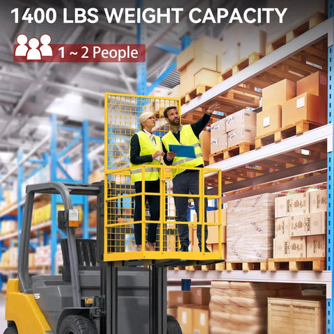 Heavy Duty Forklift Safety Cage 1400 Lb Work Platform Guard Rails Collapsible shown in use for warehouse tasks