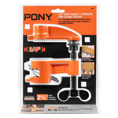 Pro Grade Deep Reach Clamp And Spreader Fixture For Three Quarters Inch Pipe With Two And A Half Inch Reach Micro Adjustable Tightness From The Outboard End Reversible Fixed Head And Works With Black Or Galvanized Pipe in retail packaging
